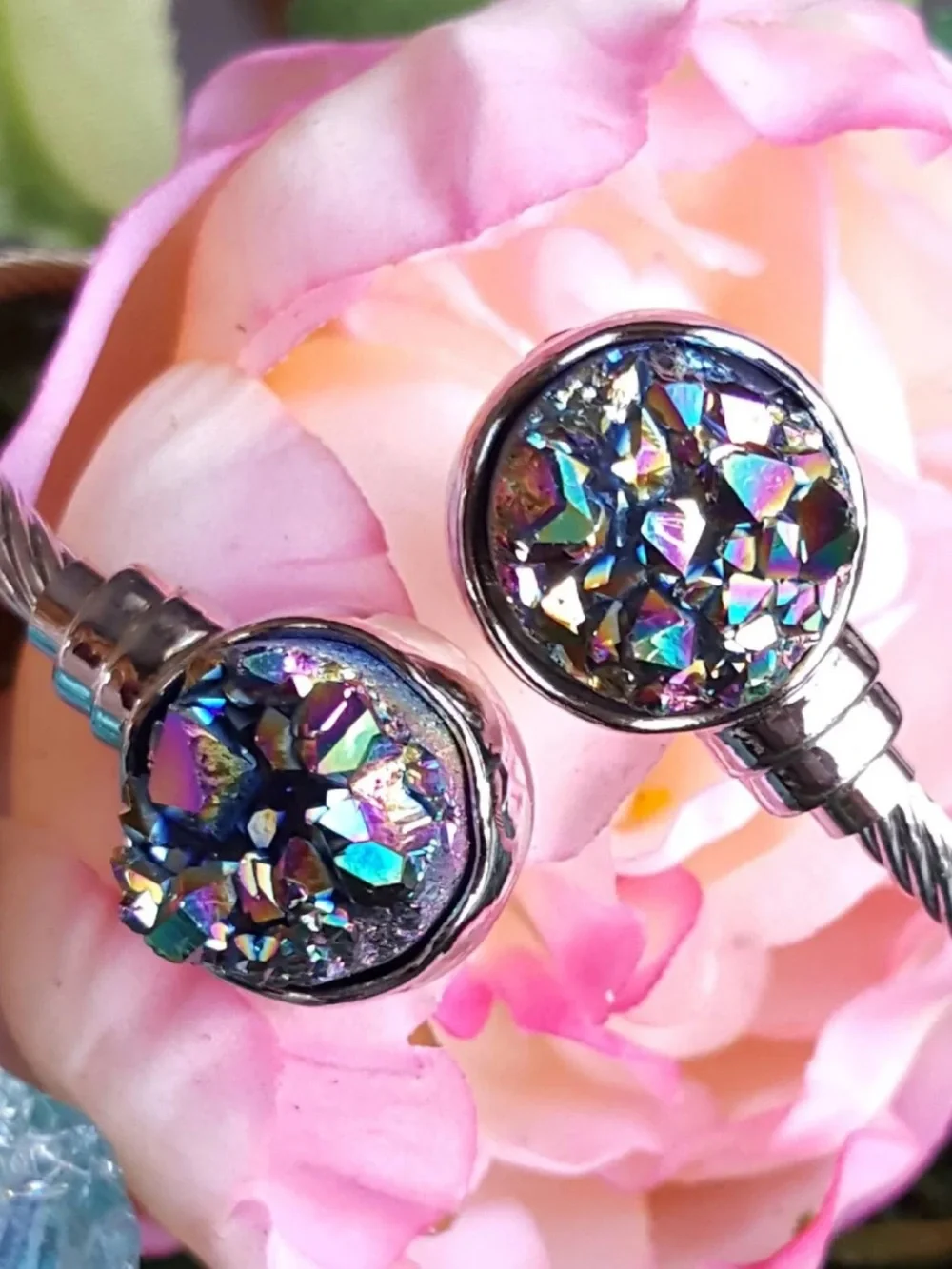 Rainbow Aura Druzy Quartz Crystal Cuff Bracelet